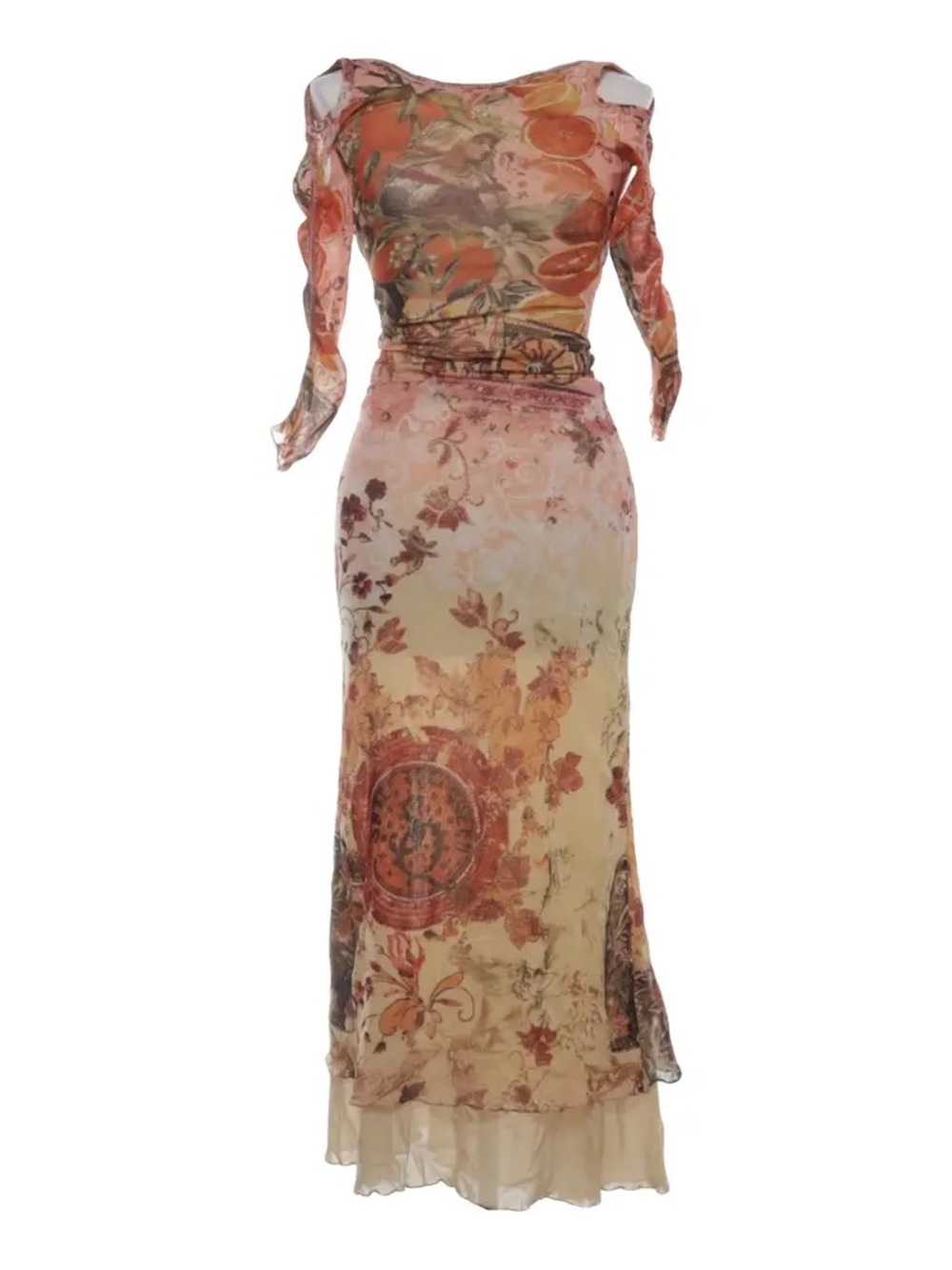 Save The Queen Floral Sheer Maxi Dress in Peach and Beige + Scarf